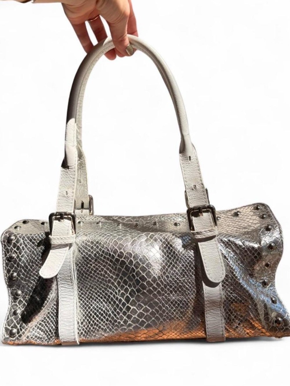 Metallic Silver Python-Texture Satchel with Stud Accents